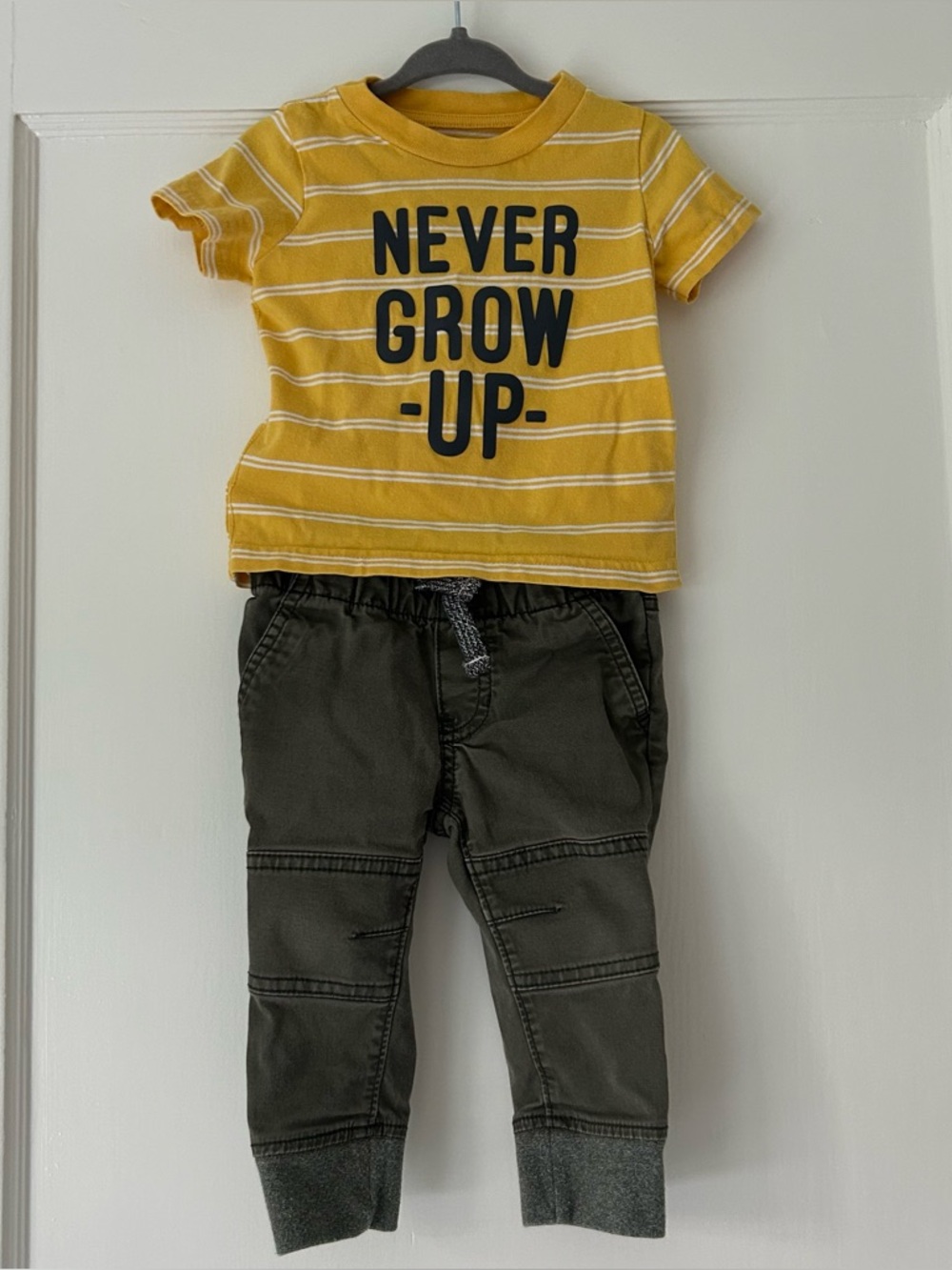Carter’s Yellow Striped “Never Grow Up” Tee + Cat & Jack Olive Jogger Pants Set